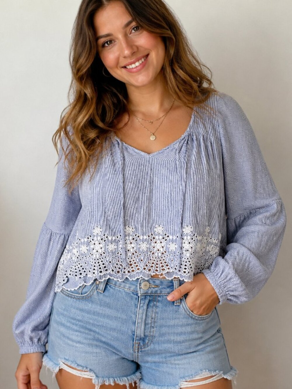 Hollister Blue Stripe Boho Blouse Sz M Lace Trim Long Sleeve Top